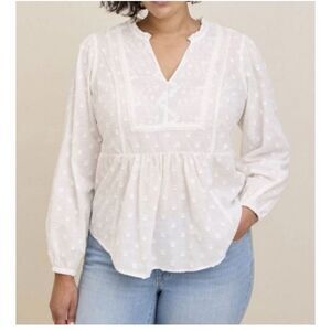Torrid Blouse Canal‎ Ivory Clip Dot Mixed Eyelet Long Sleeve Plus Size 4 4X